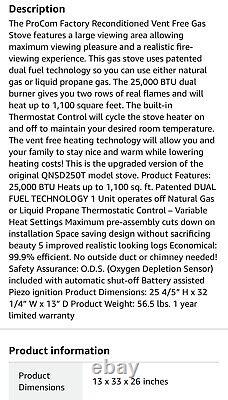 ProCom QNSD250T Vent Free Dual Fuel Stove Freestanding Fireplace 25,000BTU AAA16